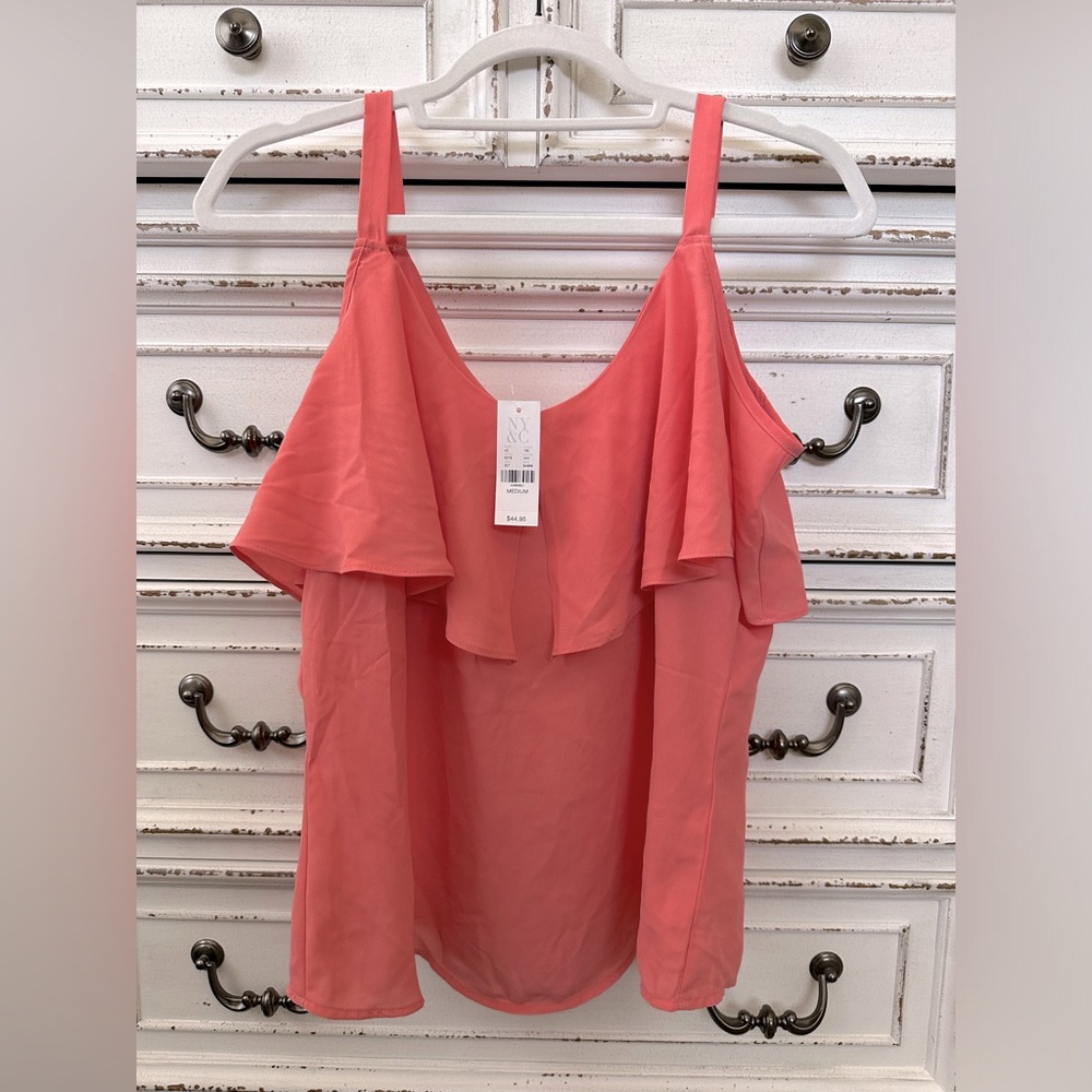 NEW* NY&Co Flounced Cold-Shoulder Top | Medium | Coral